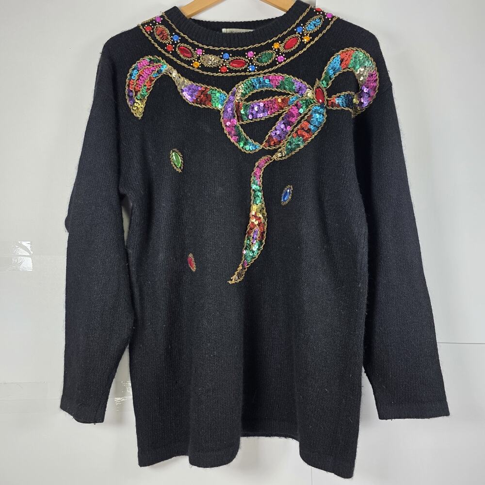 Karen Scott S Vintage Sweater Black Angora holiday Pullover Bow Sequin Bead